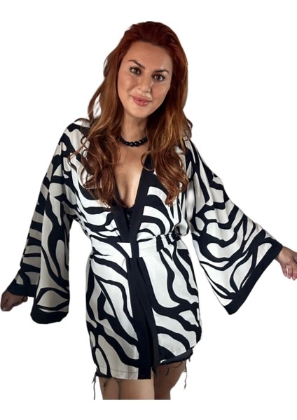 To The Moon & Sun Zebra Desen Keten Kimono Ceket