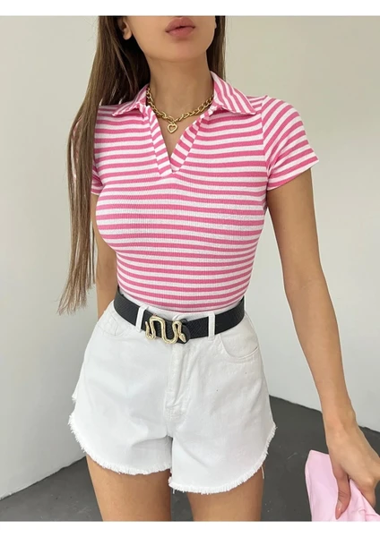 Fav Style Kadın Polo Yaka Kısa Kollu Çizgili Kaşkorse Crop Bluz