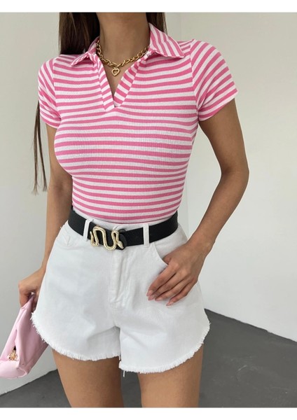 Kadın Polo Yaka Kısa Kollu Çizgili Kaşkorse Crop Bluz