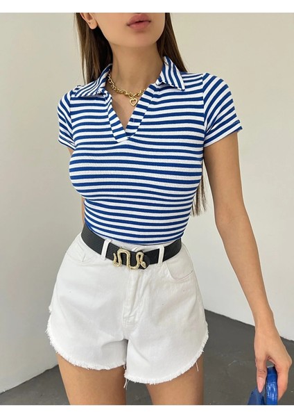 Kadın Polo Yaka Kısa Kollu Çizgili Kaşkorse Crop Bluz