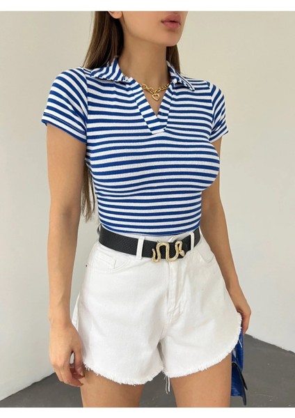 Kadın Polo Yaka Kısa Kollu Çizgili Kaşkorse Crop Bluz