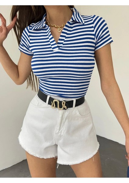 Kadın Polo Yaka Kısa Kollu Çizgili Kaşkorse Crop Bluz