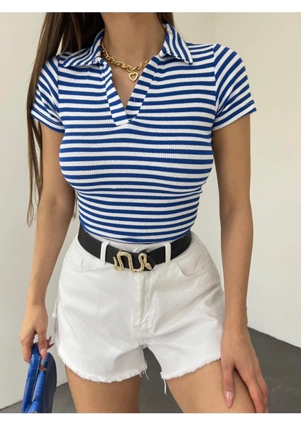 Kadın Polo Yaka Kısa Kollu Çizgili Kaşkorse Crop Bluz