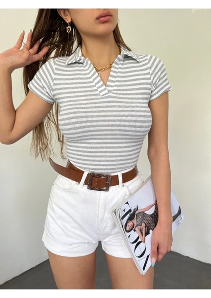 Kadın Polo Yaka Kısa Kollu Çizgili Kaşkorse Crop Bluz