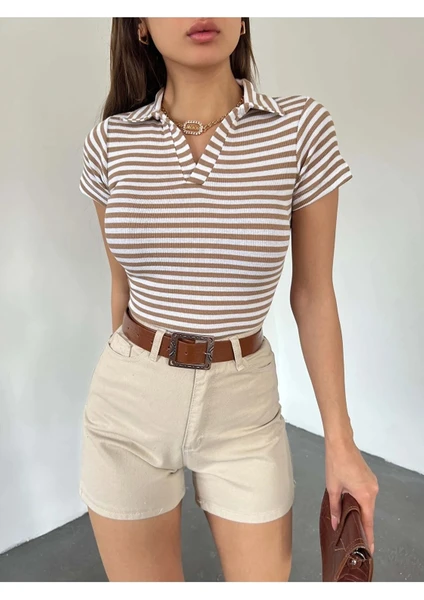 Fav Style Kadın Polo Yaka Kısa Kollu Çizgili Kaşkorse Crop Bluz