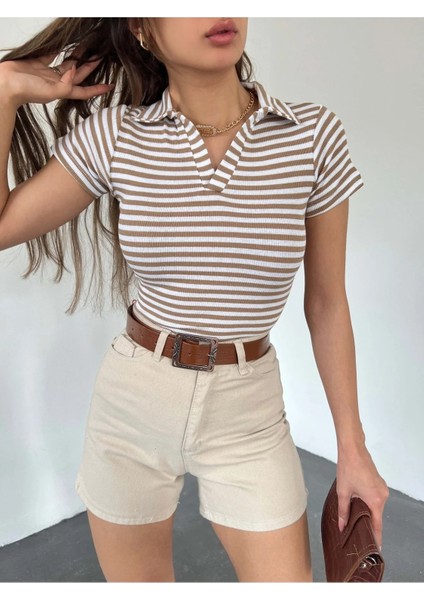 Kadın Polo Yaka Kısa Kollu Çizgili Kaşkorse Crop Bluz