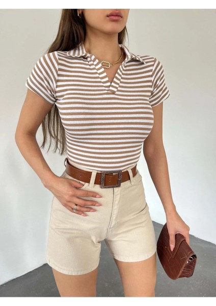 Kadın Polo Yaka Kısa Kollu Çizgili Kaşkorse Crop Bluz