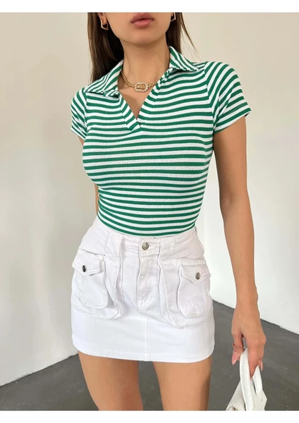 Fav Style Kadın Polo Yaka Kısa Kollu Çizgili Kaşkorse Crop Bluz