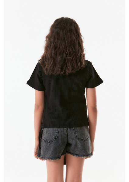 Fitilli Cepli Bisiklet Yaka Kız Çocuk T-Shirt
