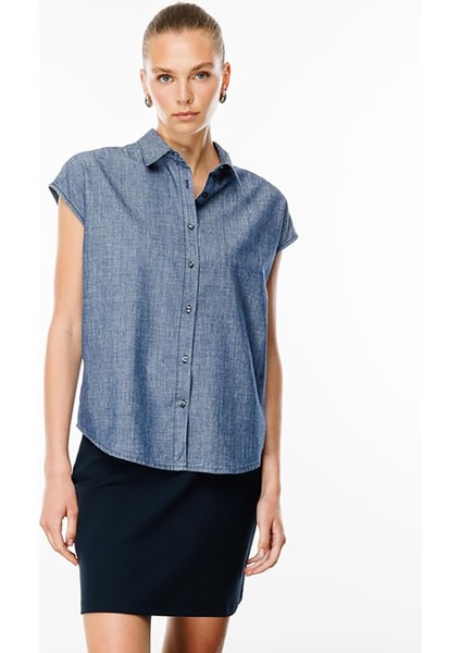 Rahat Gömlek Yaka Indigo Kadın Denim Gömlek DT10549