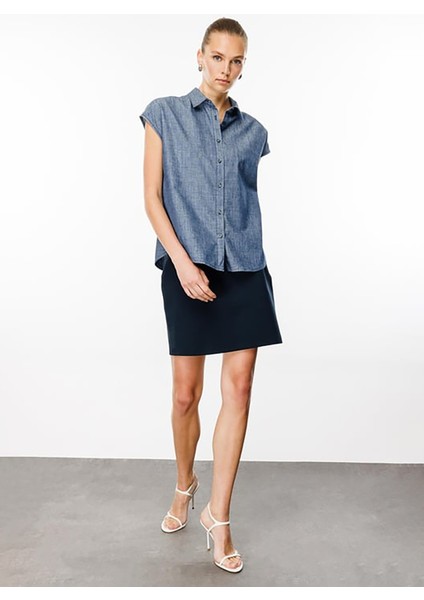 Rahat Gömlek Yaka Indigo Kadın Denim Gömlek DT10549 fiyatları