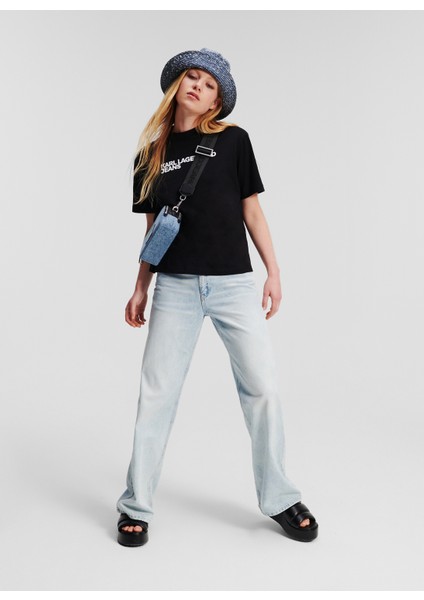 Yuvarlak Yaka Baskılı Siyah Kadın T-Shirt 241J1714