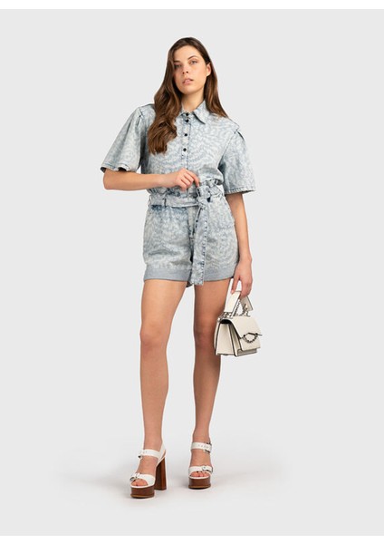 Normal Gömlek Yaka Desenli Açık Mavi Kadın Gömlek 241W1620