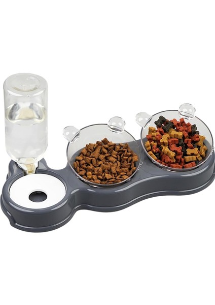Çift Hazneli- 3' Lü Beslenme Mama ve Su Kabı Gri 1000ML 36 * 21 * 16 cm