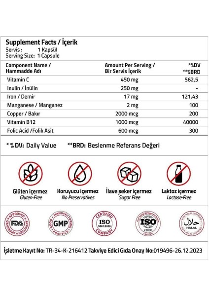 Iron 17 mg + Vitamin C 450 mg + Inulin 250 mg + Vitamin B12 1000 mcg 90 Capsules modelleri