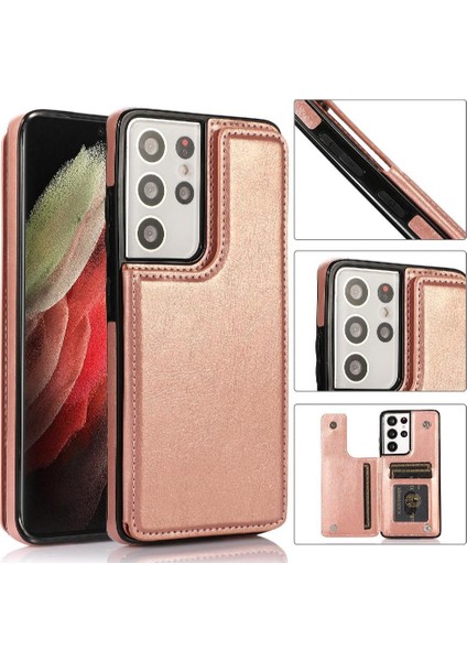 Kart ile Samsung Galaxy S21 Ultra Çift Manyetik Toka Için Cüzdan Kılıf (Yurt Dışından)