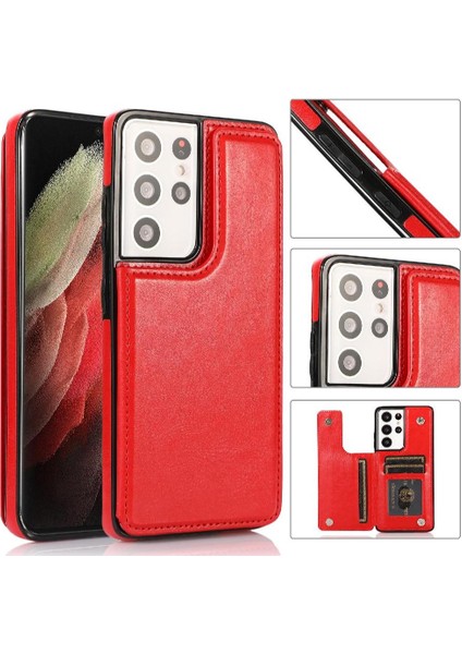 Kart ile Samsung Galaxy S21 Ultra Çift Manyetik Toka Için Cüzdan Kılıf (Yurt Dışından)