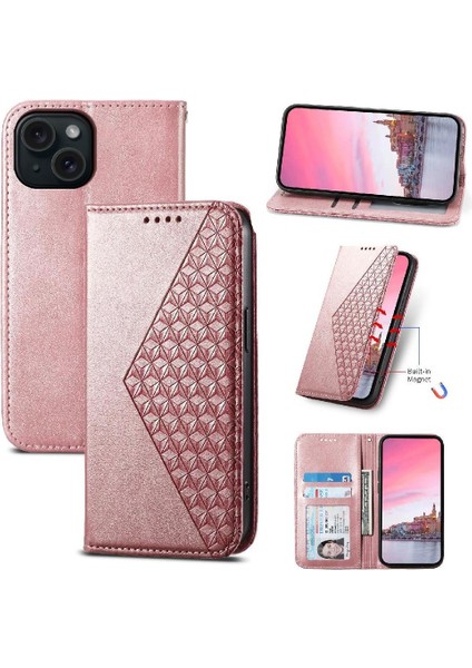 IPhone 15 Için Flip Case Standı Eşkenar Dörtgen Şekli Cüzdan El Kayışı Günlük Kullanım (Yurt Dışından) fırsatları