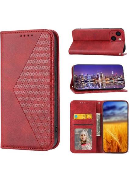 IPhone 14 Için Flip Case Pro Eşkenar Dörtgen Şekli Standı Günlük Kullanım Cüzdan El Kayışı (Yurt Dışından)