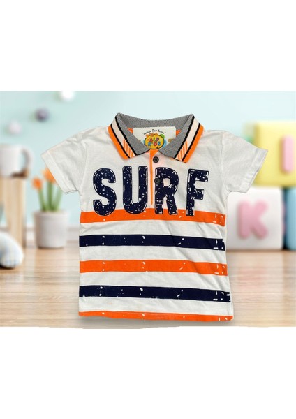 Erkek Çocuk Surf Baskılı Çizgili Polo Yaka Slim T-Shirt Beyaz