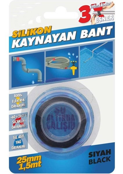 Silikon Kaynayan Çok Amaçlı Bant Boru Patlak Bandı 3katına Kadar Esner Su Altında Uygulanabilir 25X1,5MT-SIYAH
