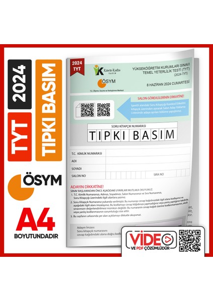 2024 YKS-TYT (SAY-TM-SÖZ) ÖSYM Tıpkı Basım Çıkmış Soru Kitapçığı (Video Çözümlü Türkiye Geneli)