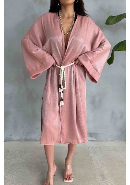 HRK-19102 Gül Kurusu Effect Saten Kumaş Halat Kuşaklı Uzun Kimono