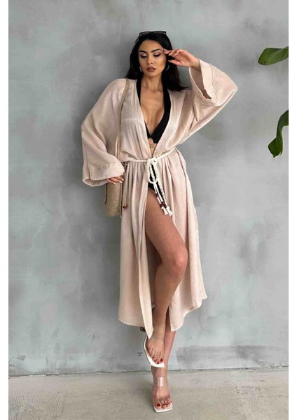 HRK-19102 Bej Rengi Effect Saten Kumaş Halat Kuşaklı Uzun Kimono
