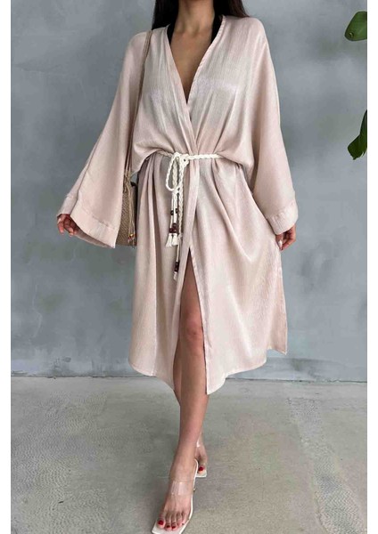 HRK-19102 Bej Rengi Effect Saten Kumaş Halat Kuşaklı Uzun Kimono modelleri