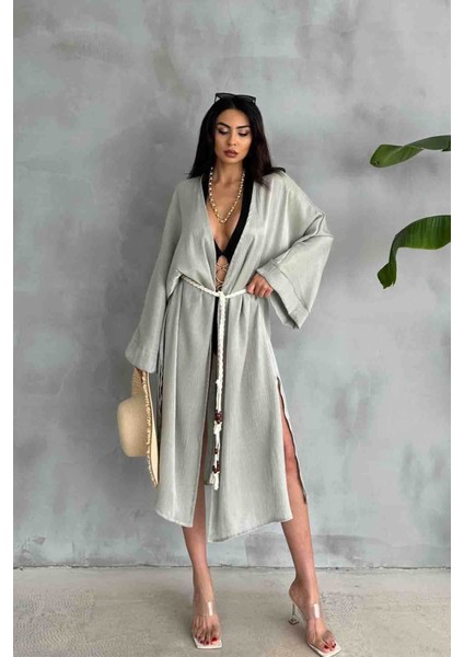 HRK-19102 Yeşil Effect Saten Kumaş Halat Kuşaklı Uzun Kimono