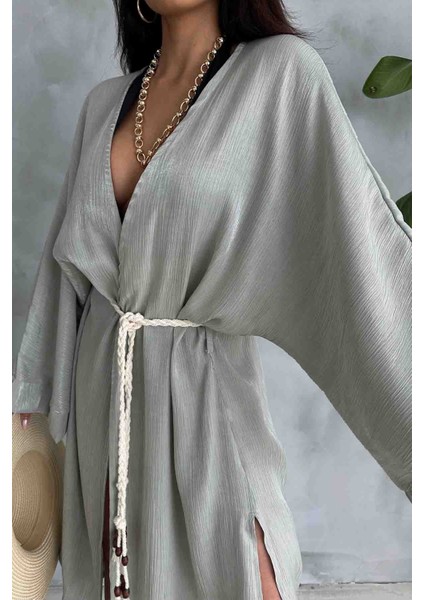 HRK-19102 Yeşil Effect Saten Kumaş Halat Kuşaklı Uzun Kimono