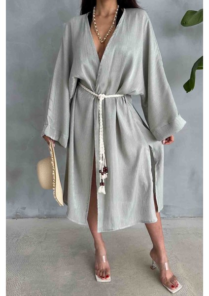 HRK-19102 Yeşil Effect Saten Kumaş Halat Kuşaklı Uzun Kimono