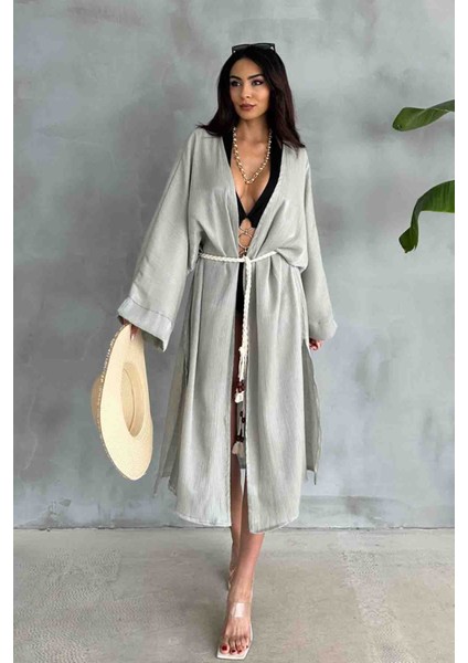 HRK-19102 Yeşil Effect Saten Kumaş Halat Kuşaklı Uzun Kimono