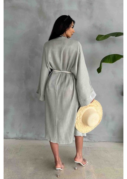 HRK-19102 Yeşil Effect Saten Kumaş Halat Kuşaklı Uzun Kimono
