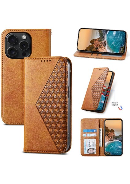 IPhone 15 Için Flip Case Pro El Kayışı Günlük Kullanım Eşkenar Dörtgen Şekli Standı Cüzdan (Yurt Dışından)