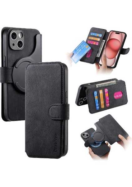 IPhone 15 Için Flip Case Cüzdan Retro Kart Standı Mıknatıs Koruyucu Malzeme (Yurt Dışından)