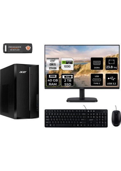 Aspire TC1760 Intel Core I5 12400 40GB 2tb SSD GT1030/4GB 23.8" Fhd Monitör Fdos DT.BHUEM.005 Masaüstü Bilgisayar & Per4 USB Bellek DTBHUEM005MNT3339