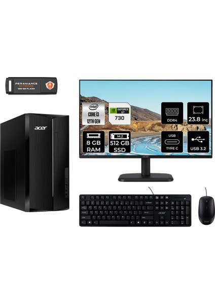 Aspire TC1760 Intel Core I3 12100 8gb 512GB SSD GT730/4GB 23.8" Fhd Monitör Fdos DT.BHUEM.004 Masaüstü Bilgisayar & Per4 USB Bellek DTBHUEM004MNT2302