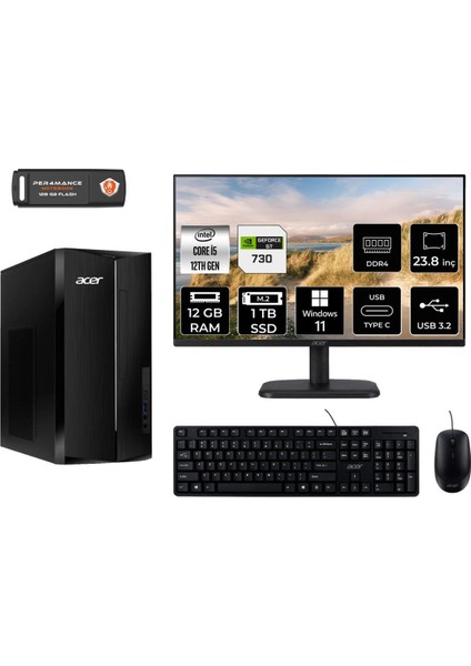 Aspire TC1760 Intel Core I5 12400 12GB 1tb SSD GT730/4GB 23.8" Fhd Monitör W11H DT.BHUEM.005 Masaüstü Bilgisayar & Per4 USB Bellek DTBHUEM005MNT2358