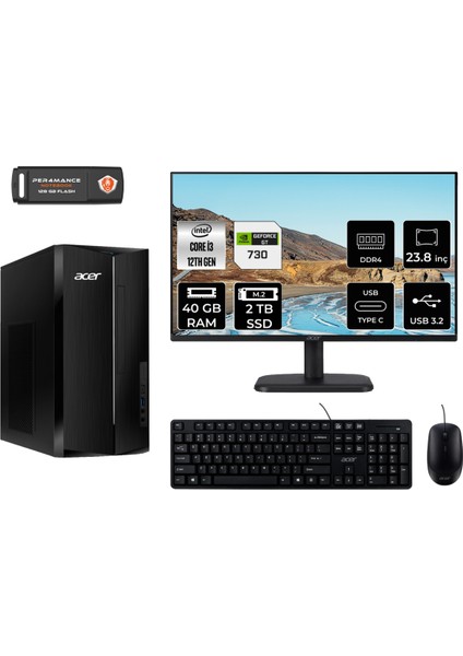 Aspire TC1760 Intel Core I3 12100 40GB 2tb SSD GT730/4GB 23.8" Fhd Monitör Fdos DT.BHUEM.004 Masaüstü Bilgisayar & Per4 USB Bellek DTBHUEM004MNT2339