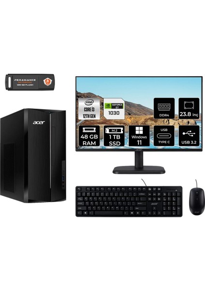 Aspire TC1760 Intel Core I3 12100 48GB 1tb SSD GT1030/4GB 23.8" Fhd Monitör W11P DT.BHUEM.004 Masaüstü Bilgisayar & Per4 USB Bellek DTBHUEM004MNT3443