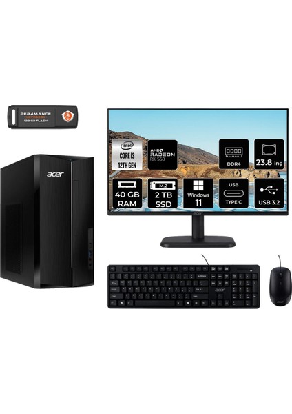 Aspire TC1760 Intel Core I3 12100 40GB 2tb SSD RX550/4GB 23.8" Fhd Monitör W11H DT.BHUEM.004 Masaüstü Bilgisayar & Per4 USB Bellek DTBHUEM004MNT1389