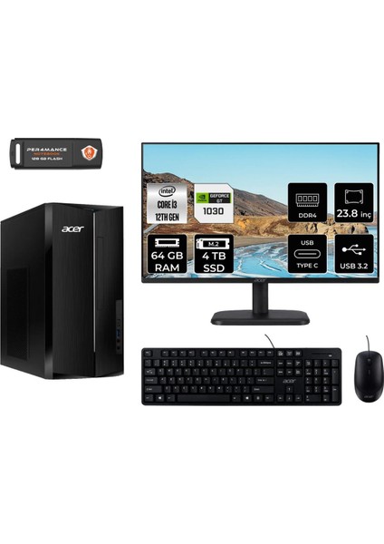 Aspire TC1760 Intel Core I3 12100 64GB 4tb SSD GT1030/4GB 23.8" Fhd Monitör Fdos DT.BHUEM.004 Masaüstü Bilgisayar & Per4 USB Bellek DTBHUEM004MNT3350