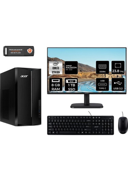 Aspire TC1760 Intel Core I3 12100 8gb 1tb SSD RX550/4GB 23.8" Fhd Monitör Fdos DT.BHUEM.004 Masaüstü Bilgisayar & Per4 USB Bellek DTBHUEM004MNT1303