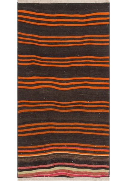 Grand Hedef Halı Siyah Tıuruncu Rengi Çizgili Desen El Dokuma Vintage Kilim