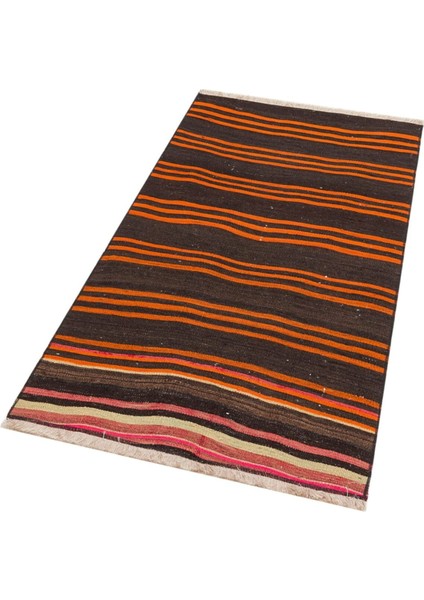 Grand Hedef Halı Siyah Tıuruncu Rengi Çizgili Desen El Dokuma Vintage Kilim