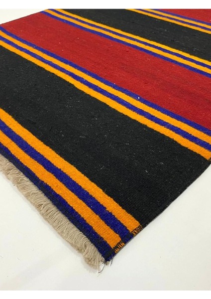 Gerçek El Dokuma Sari Mavi Rengi Çizgili Eskitme Kilim