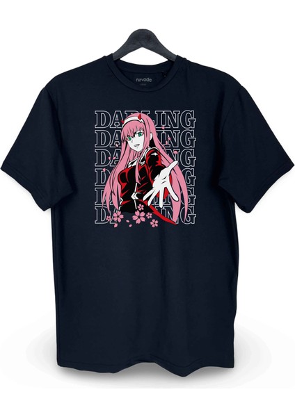 Zero Two Darling Baskılı Loose Fit Bisiklet Yaka Tişört Siyah