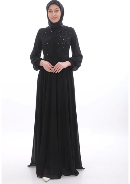 Göğüs Plise Detaylı Güpür Işlemeli Tesettür Abiye 580-SIYAH