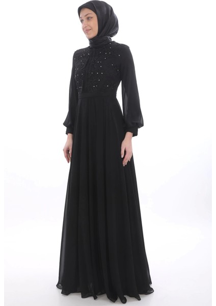Göğüs Plise Detaylı Güpür Işlemeli Tesettür Abiye 580-SIYAH fiyatları